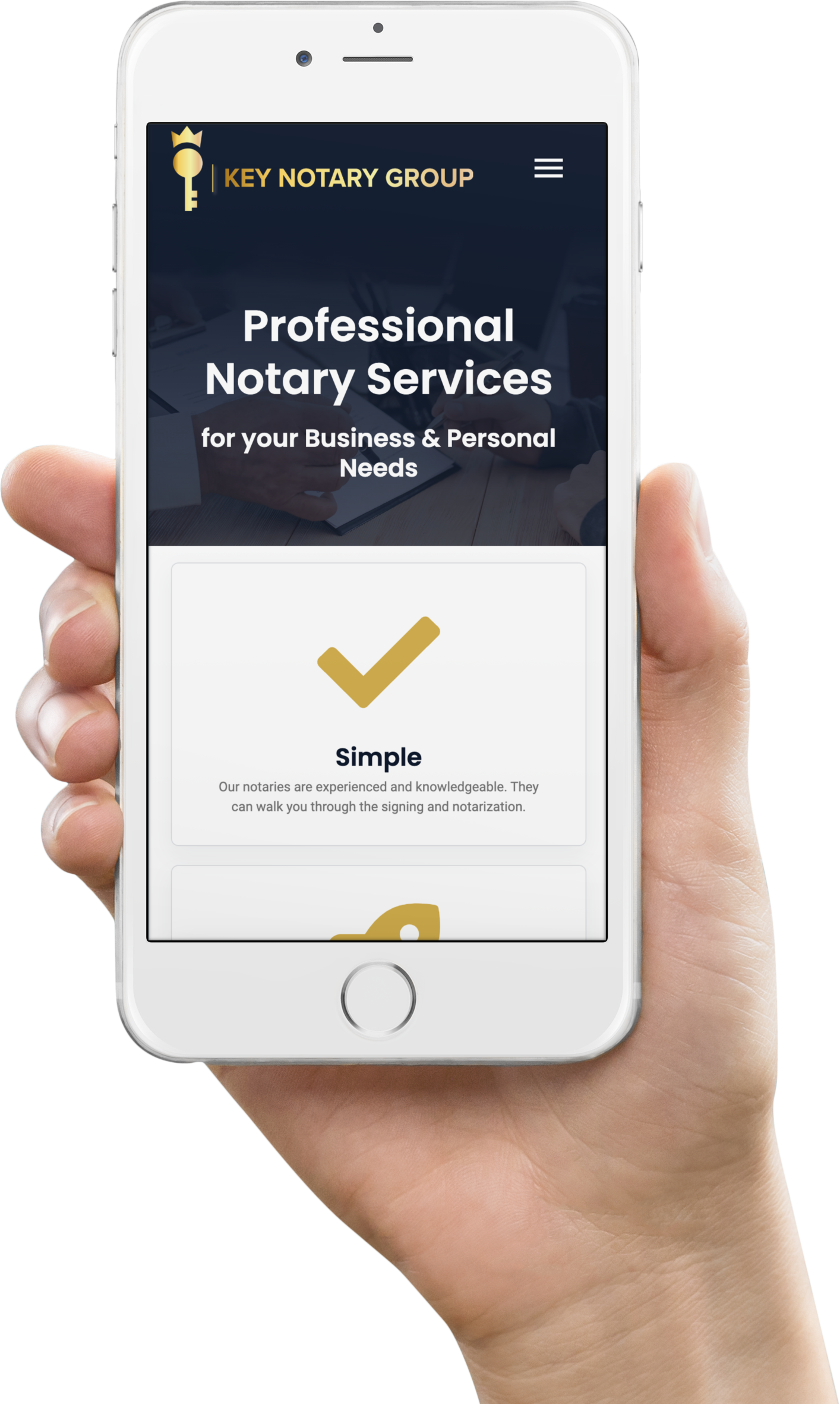 hand holding iphone with key notary group, llc website